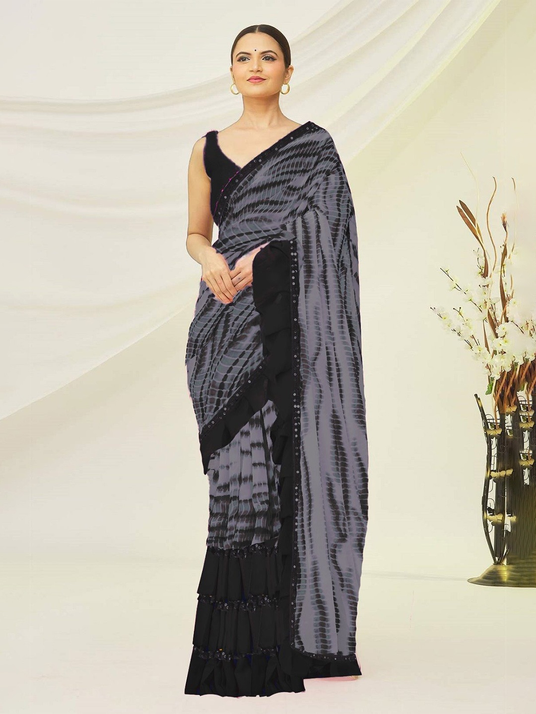 

Moda Rapido Sequinned Pure Georgette Leheriya Saree, Grey