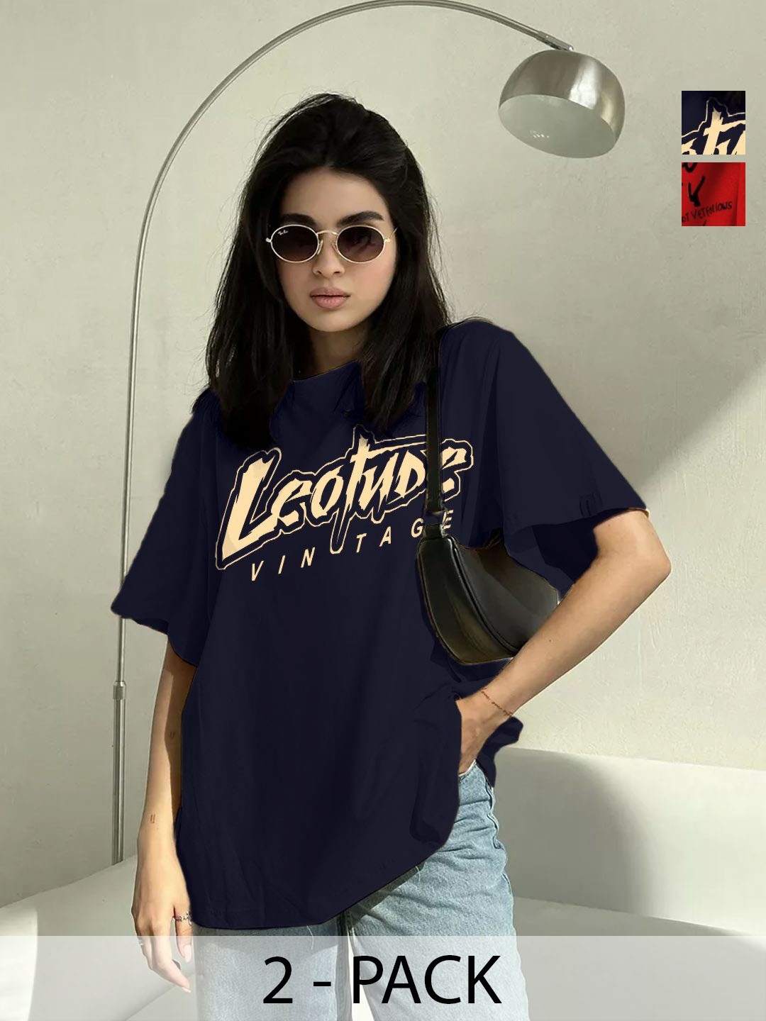

Leotude Women Pack Of 2 Graphic Printed Round Neck Cotton Oversized T-shirts, Navy blue
