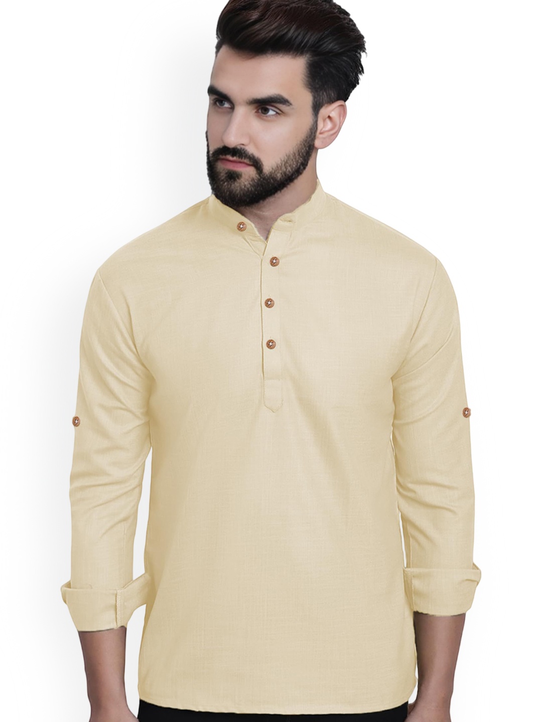 

Vida Loca Cotton Slim Fit Mandarin Collar Short Kurta, Beige