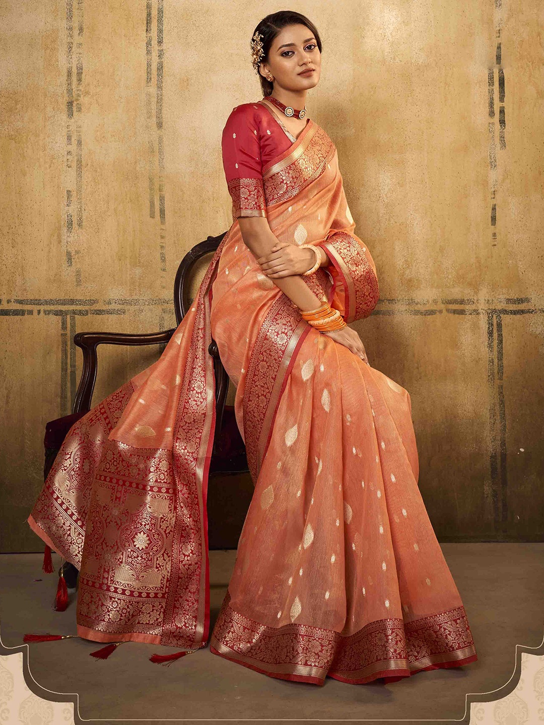 

Mitera Ethnic Motifs Zari Saree With Blouse Piece, Peach