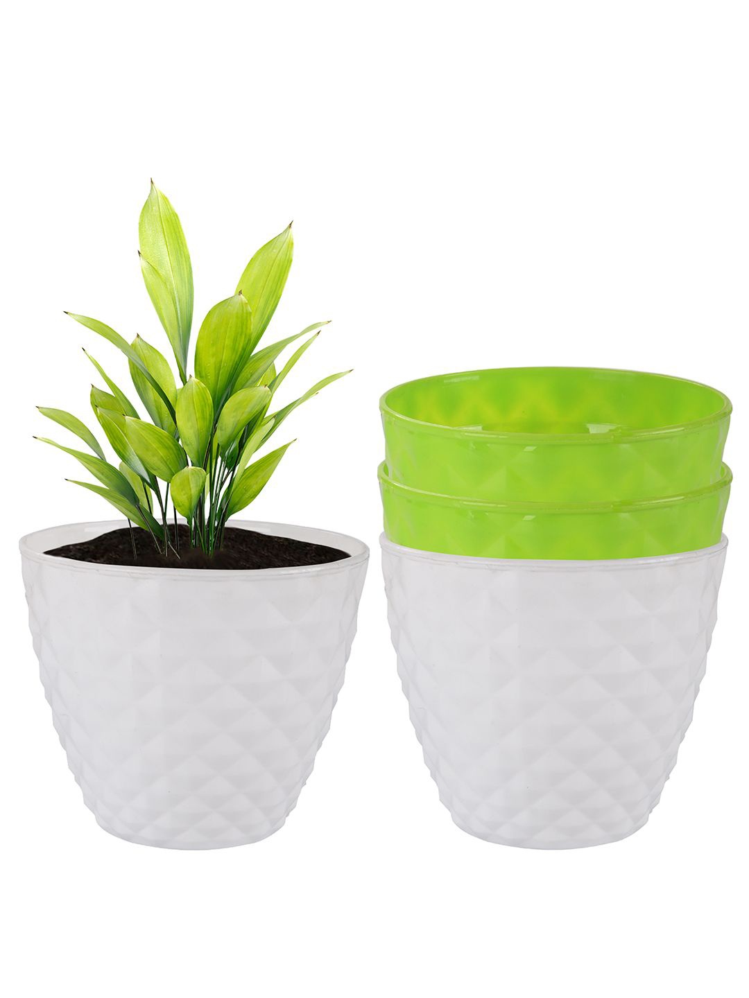 

Kuber Industries White & Green 4 Pieces Diamond Pattern Durable Planters