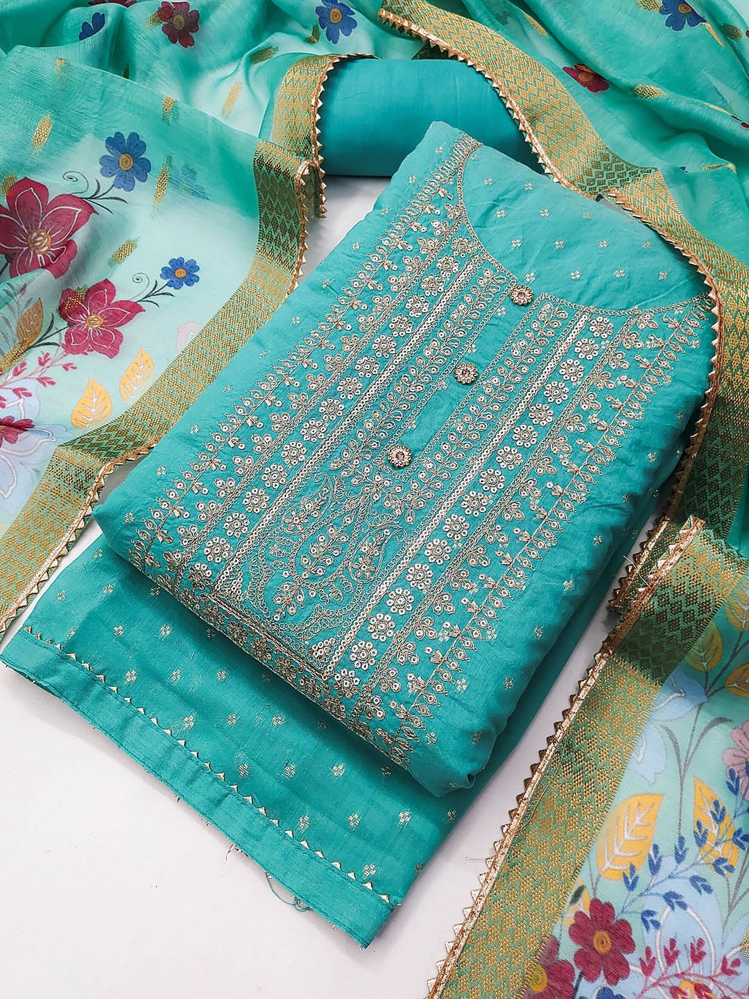 

TAVAS Ethnic Motifs Embroidered Chanderi Silk Unstitched Dress Material, Blue