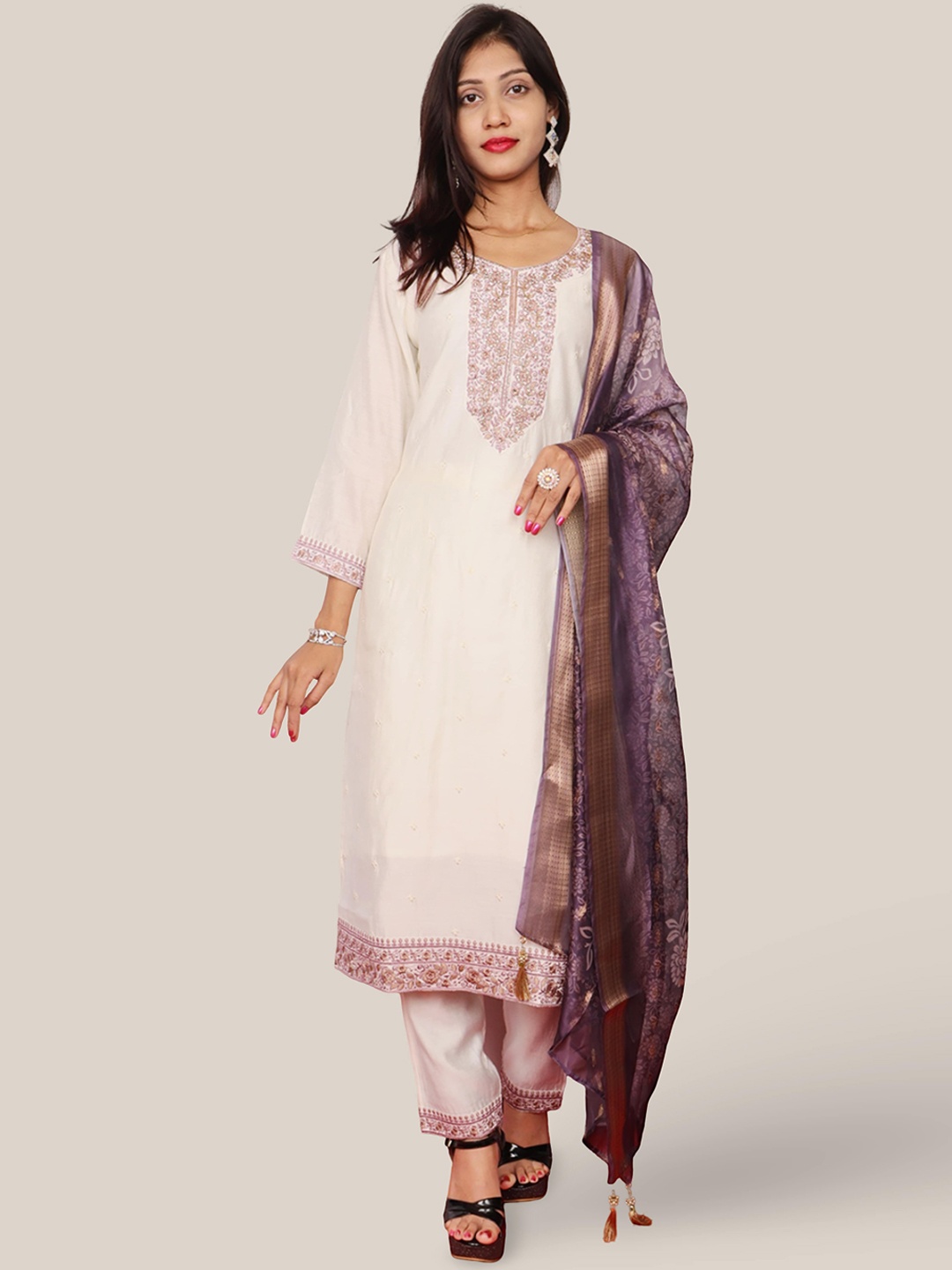 

Shreekama Sequinned Embroidered Round Neck Kurta With Trouser & Dupatta, White