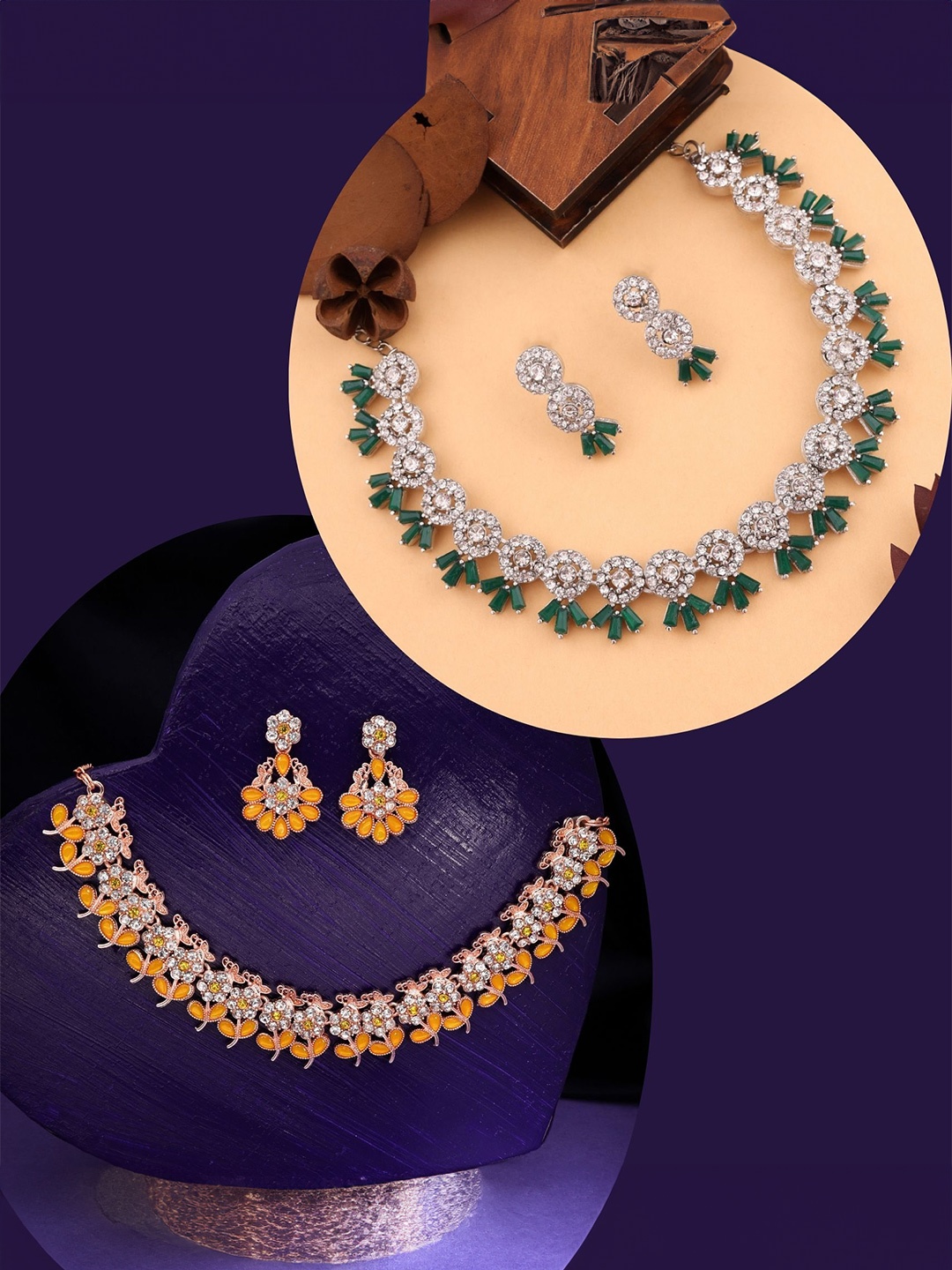 

DIVASTRI Set Of 2 Rose Gold & Silver-Plated American Diamonds Studded Jewellery Set