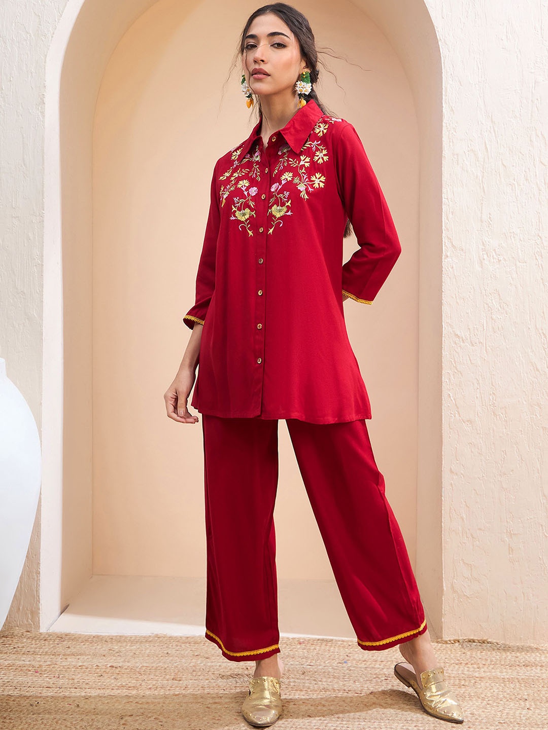 

Shae by SASSAFRAS Embroidered Shirt Collar Neck Shirt With Palazzo Co-Ords, Maroon