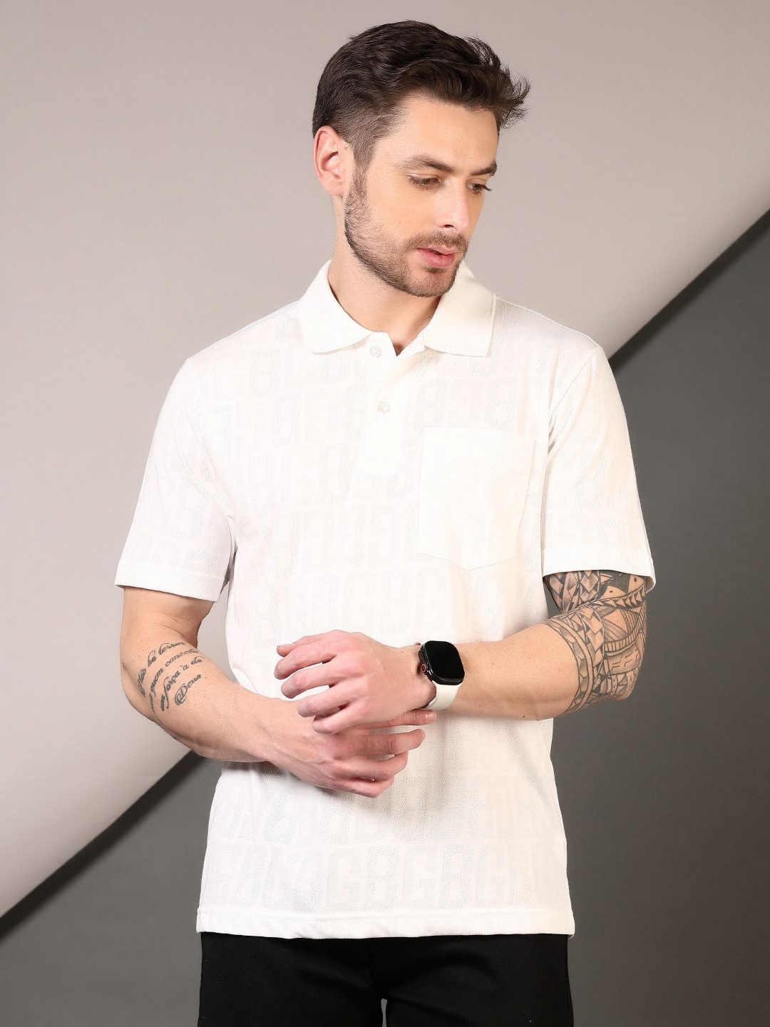 

V-Mart Men Typography Printed Polo Collar Cotton T-shirt, Off white