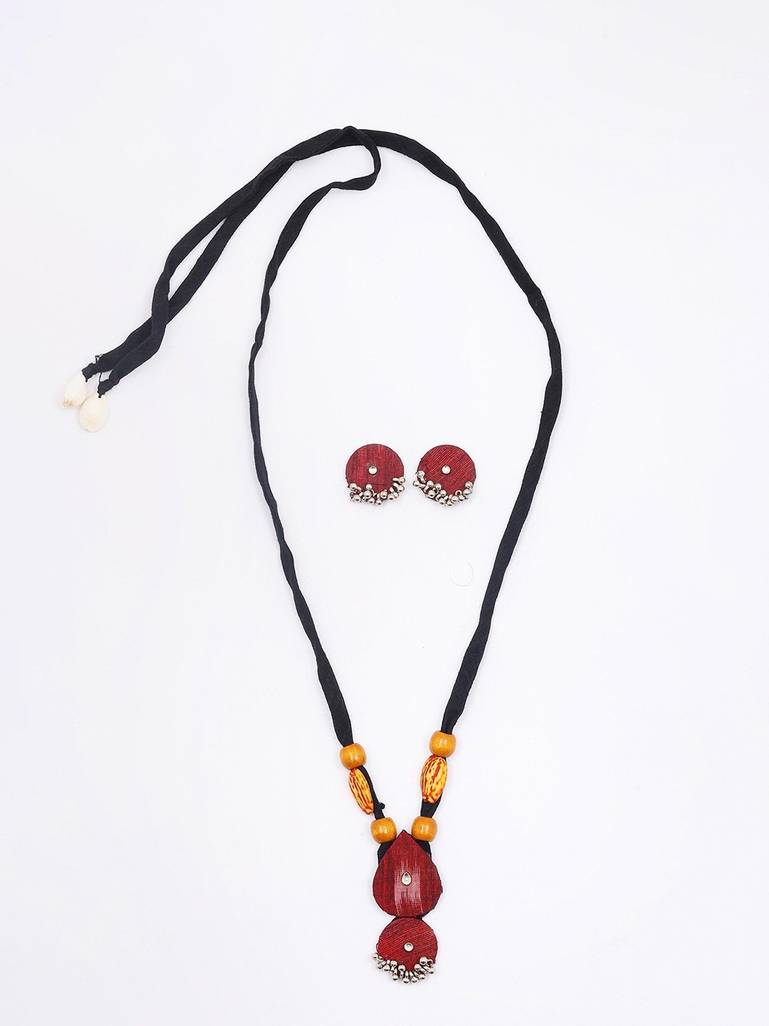 

Exotic India Handloom Sambalpuri Fabric Long Necklace and Earrings Set, Silver