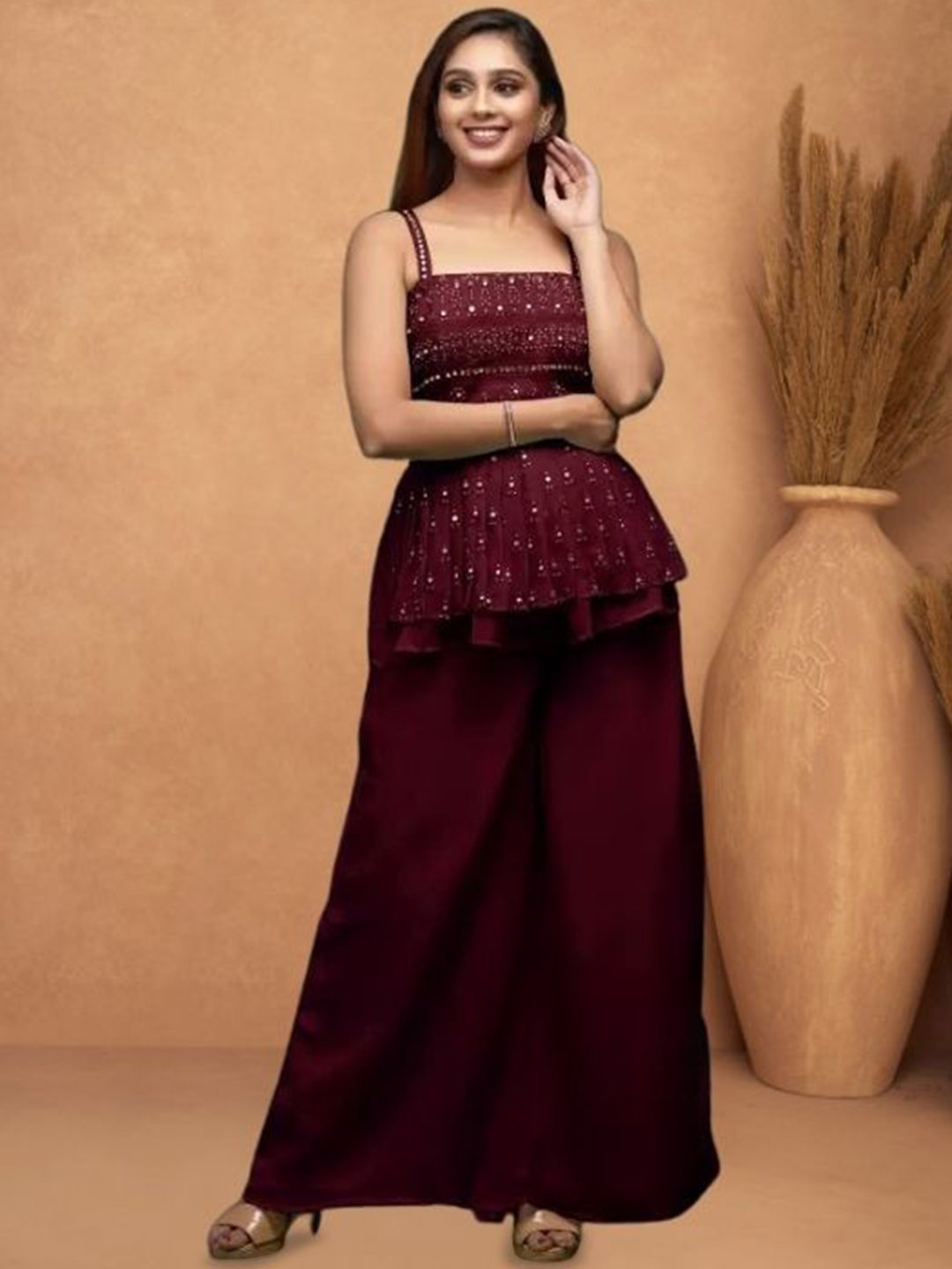 

PARROT CREATION Embroidered Straight Sequinned Kurti With Sharara And Dupatta, Maroon