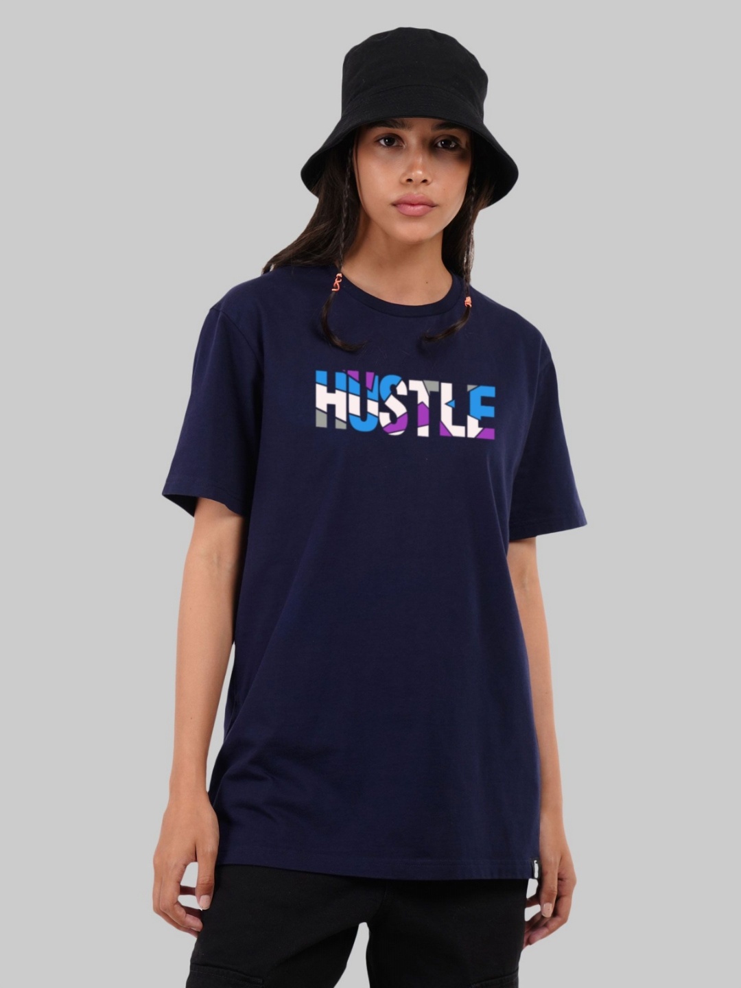 

Underrated Club Women Typography Printed Bio Finish Applique T-shirt, Navy blue