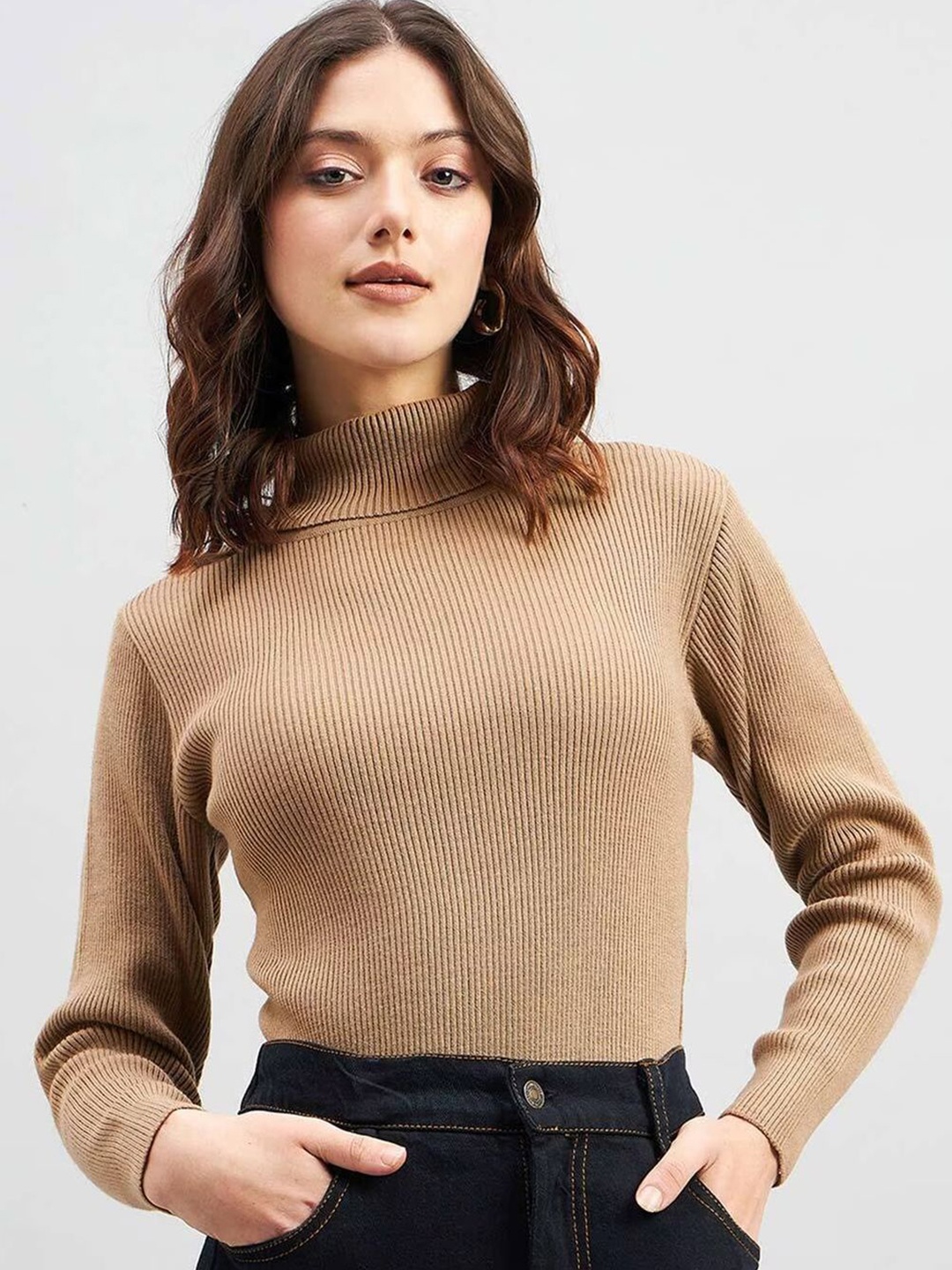 

Moda Rapido Women Turtle Neck Pockets Slim Fit T-shirt, Beige