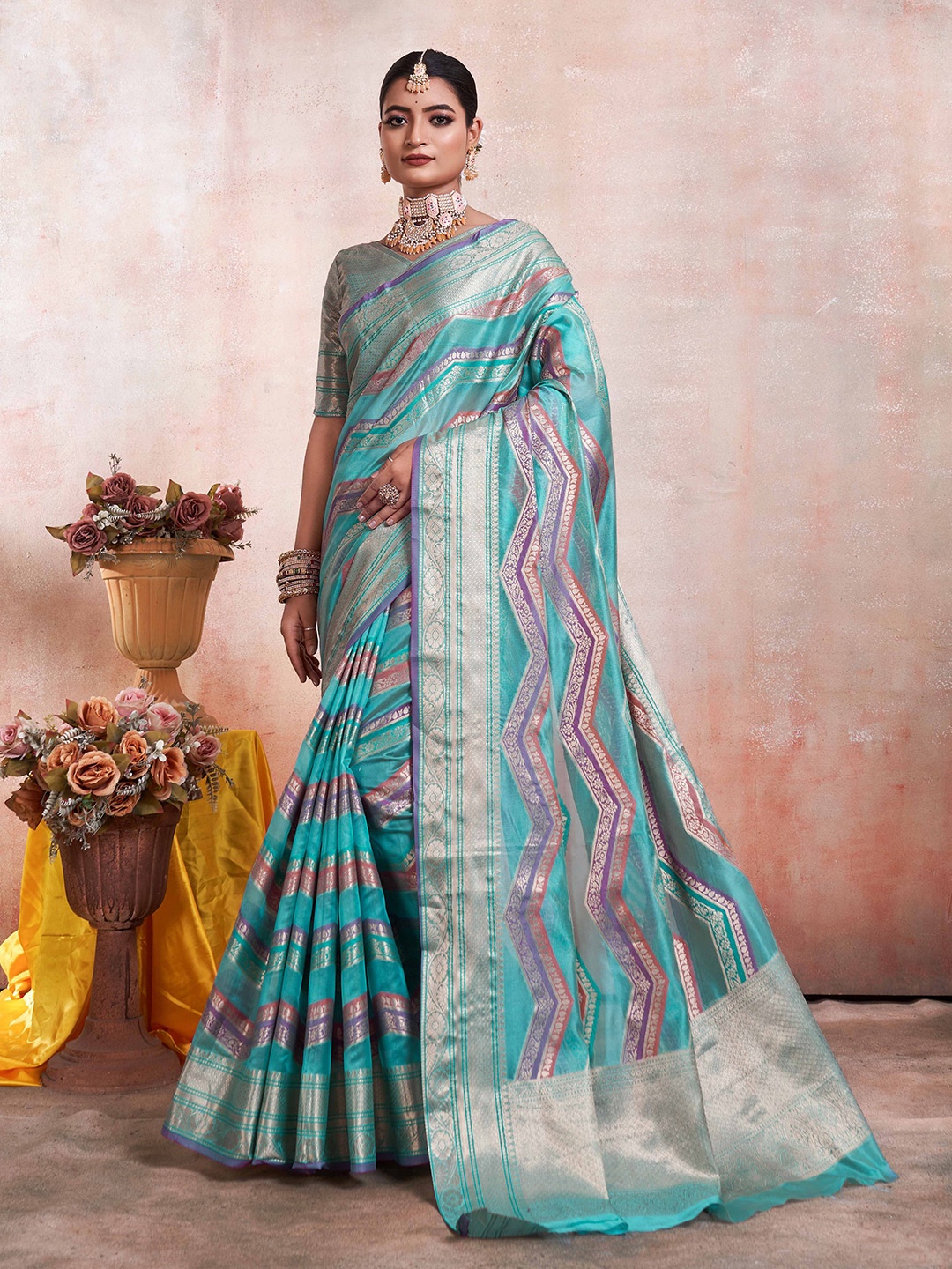 

DIVASTRI Leheriya Zari Organza Kanjeevaram Saree, Blue
