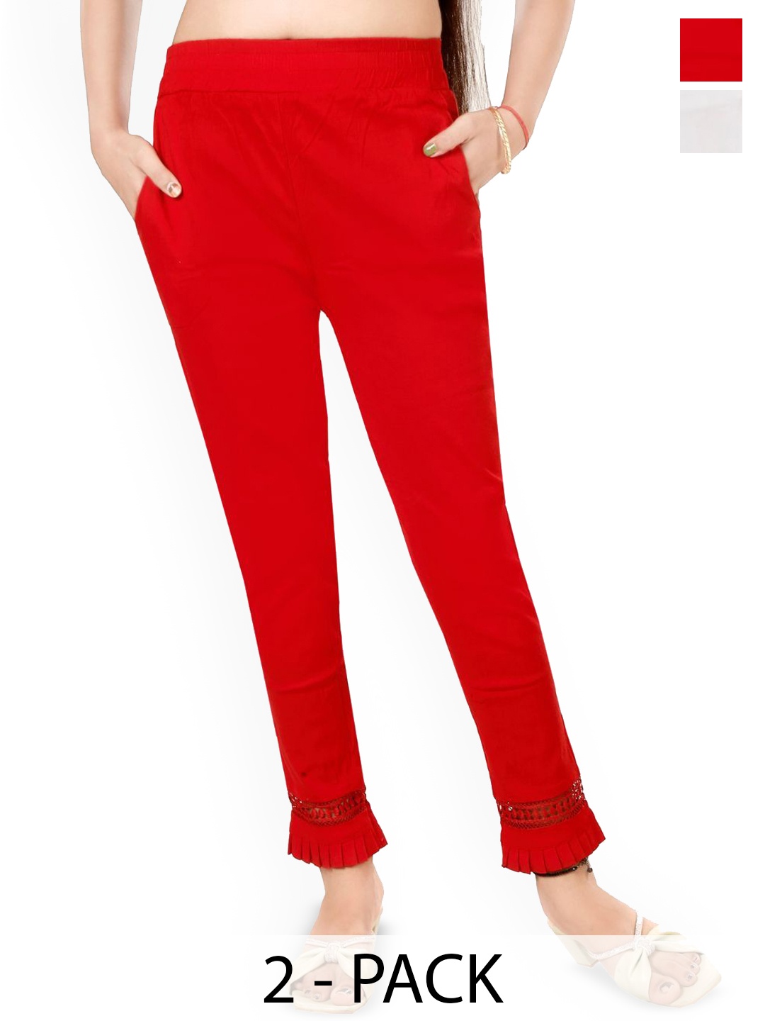 

Fessist Women Pack Of 2 Relaxed Slim Fit Easy Wash Pleated Cigarette Trousers, Multi