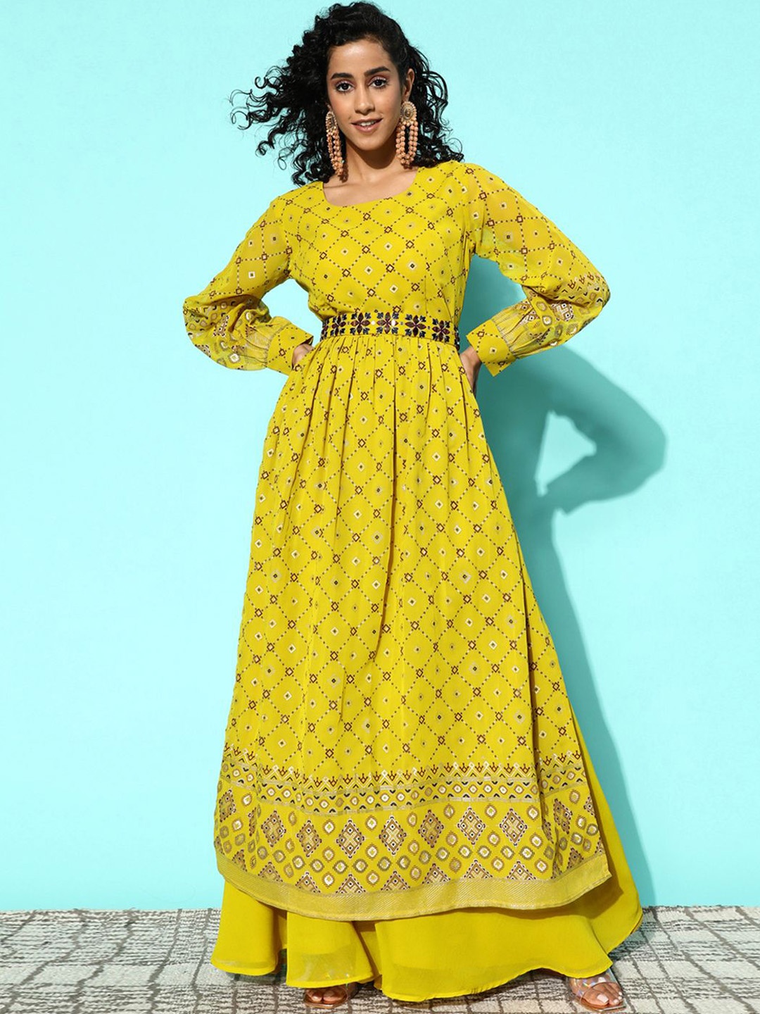 

Sangria Mirror Work Printed Flared Kurta With Palazzo, Lime green