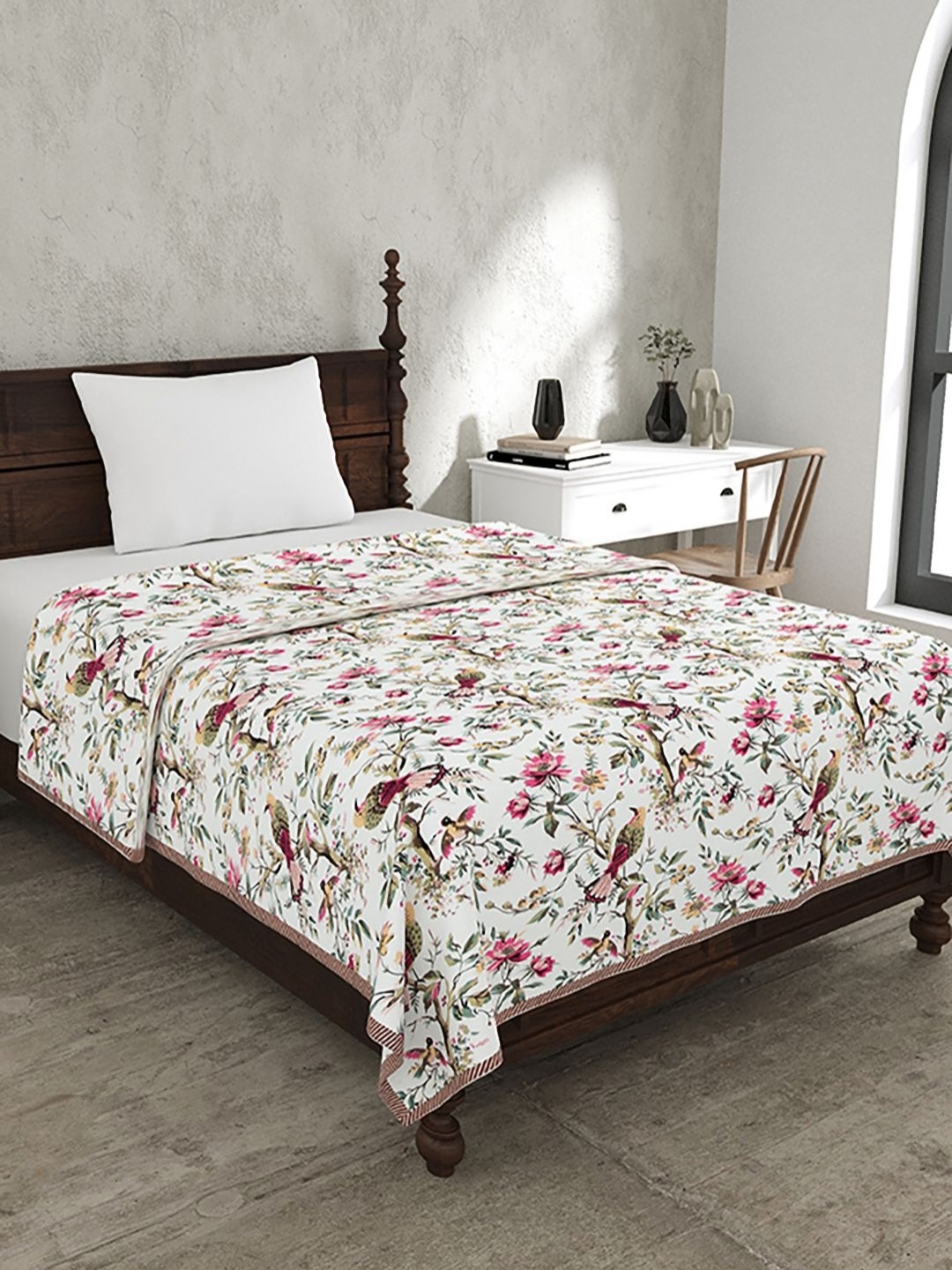 

BELLA CASA White & Green Floral Printed Cotton 110 GSM AC Room Single Bed Dohar