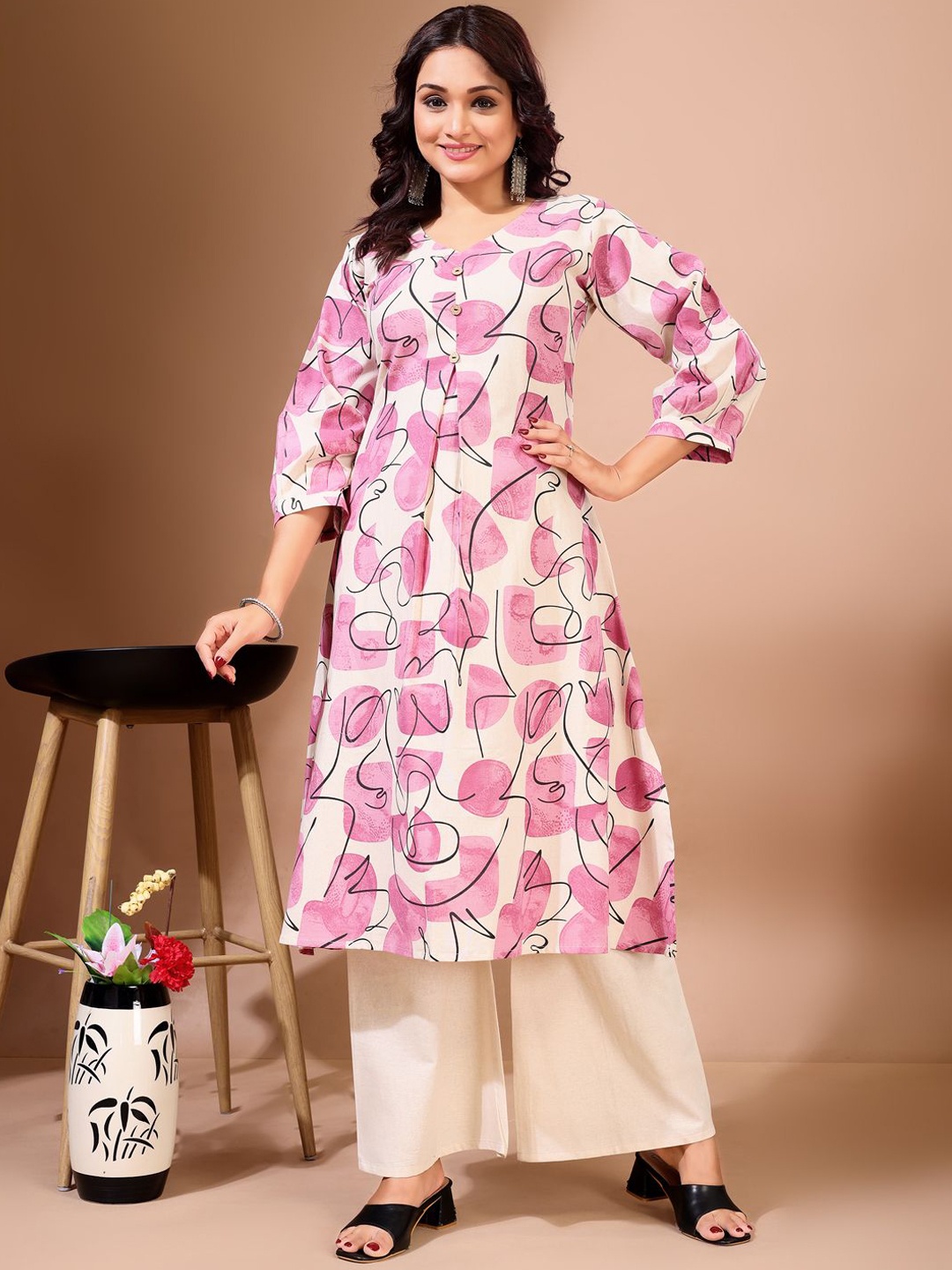 

KALINI Floral Printed Pure Cotton Pure Cotton Straight Kurta With Palazzos, Pink
