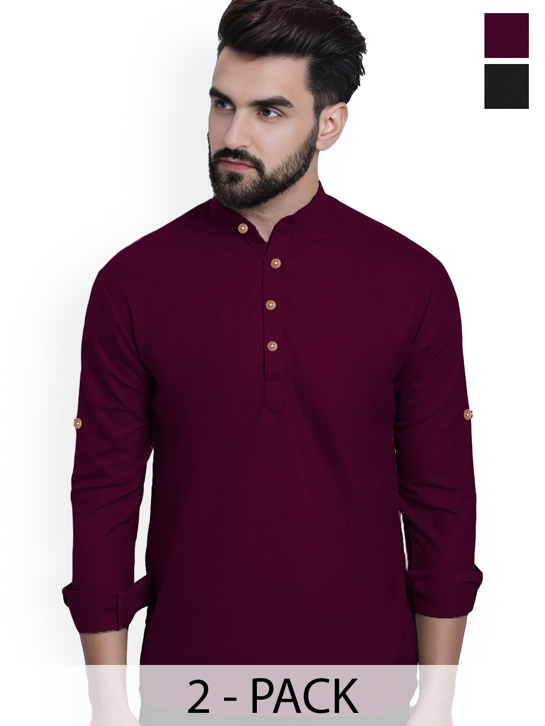 

Vida Loca Selection Of 2 Cotton Slim Fit Mandarin Collar Short Kurtas, Maroon