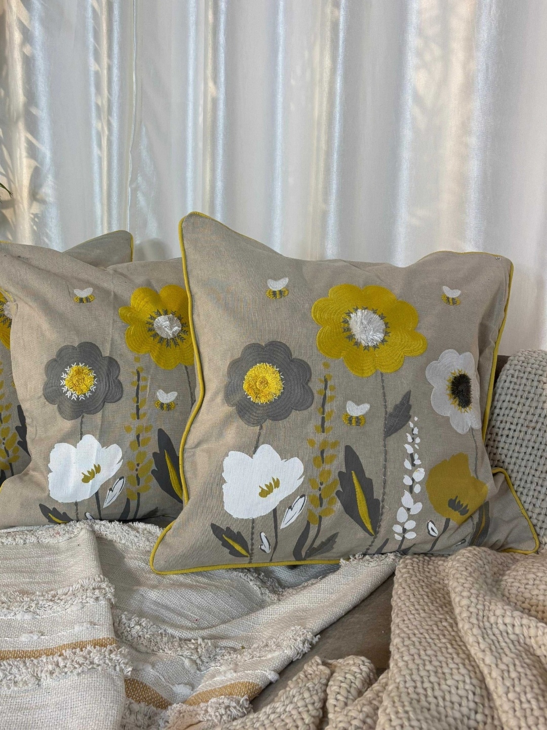 

LUSHLYF Beige & Yellow 5 Pieces Floral Embroidered Cotton Square Cushion Covers