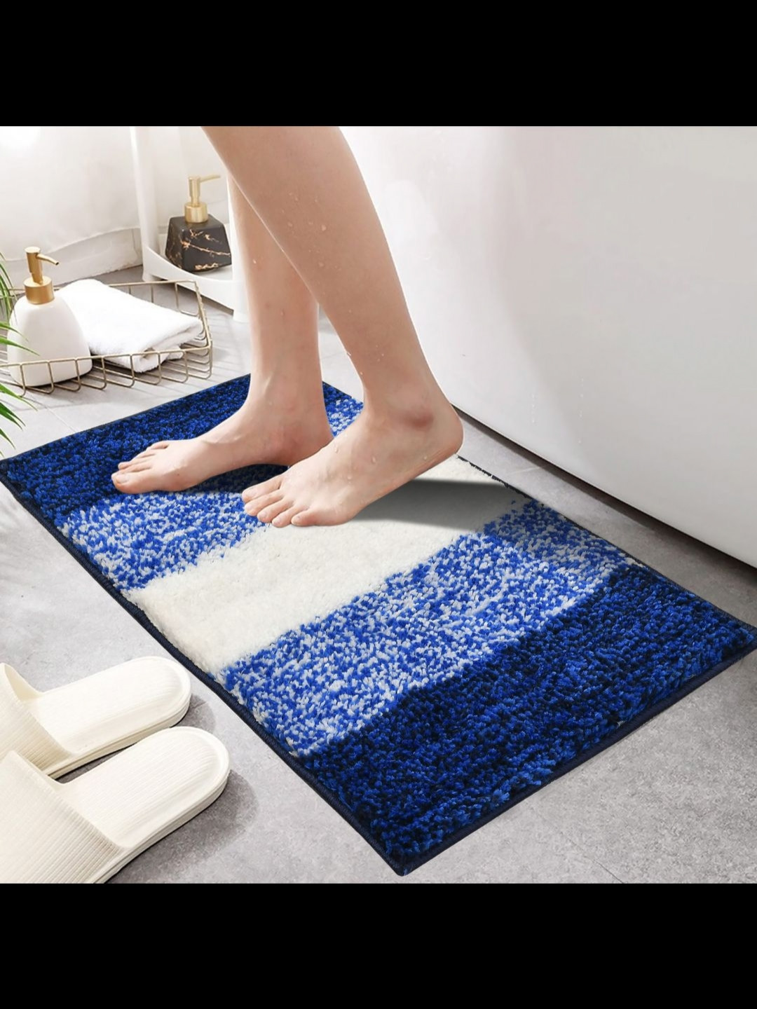 

MAA HOME CONCEPT Blue & White Striped Microfiber Anti Skid 1600 GSMBathMat, Navy blue