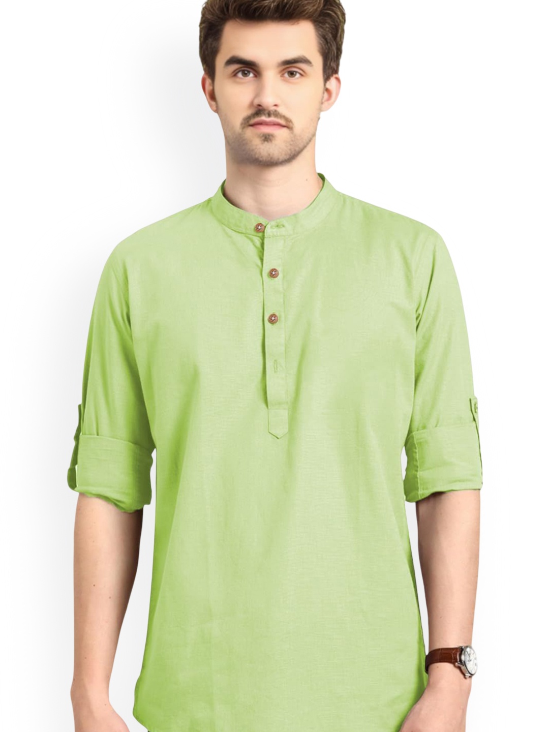 

Vida Loca Band Collar Cotton Straight Short Kurta, Sea green