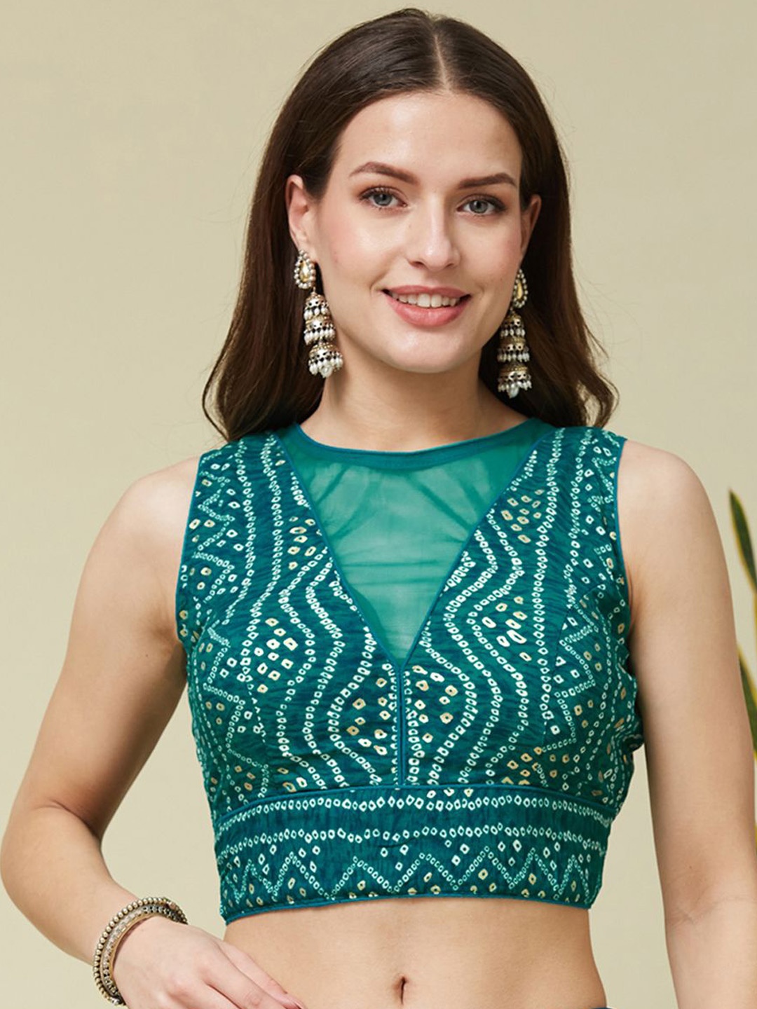 

KALINI Printed Cotton Round Neck Padded Blouse, Blue