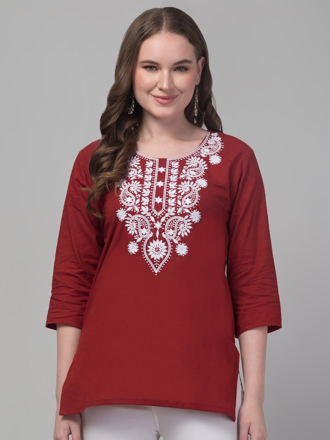 

FAMBEE Floral Embroidered Thread Work Pure Cotton Thread Work Kurti, Maroon