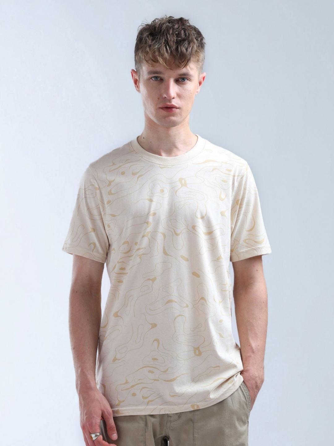 

Flying Machine Men Abstract Printed Round Neck Cotton T-shirt, Beige