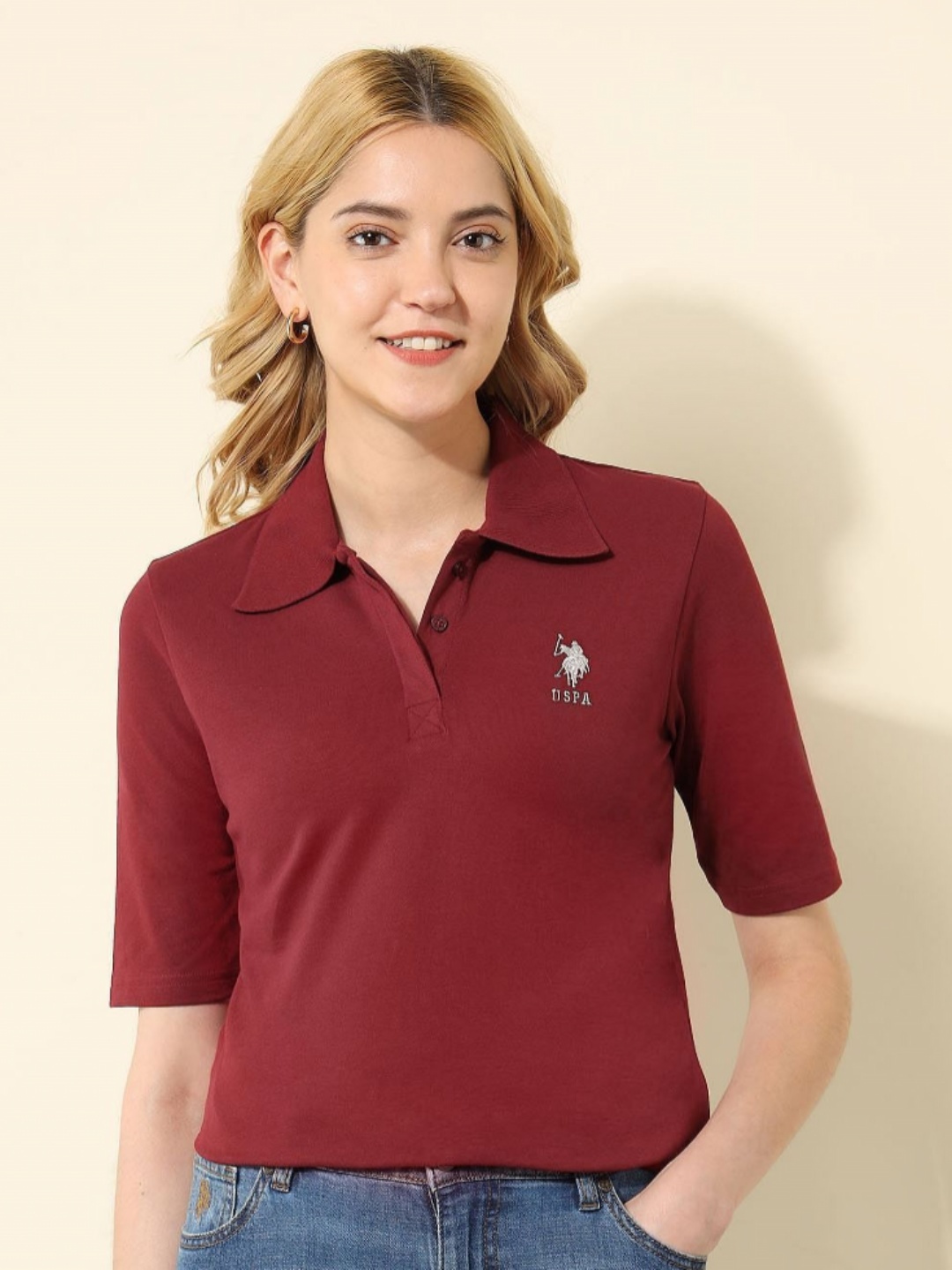 

U.S. Polo Assn. Women Regular Fit Solid Polo Collar Cotton T-shirt, Red
