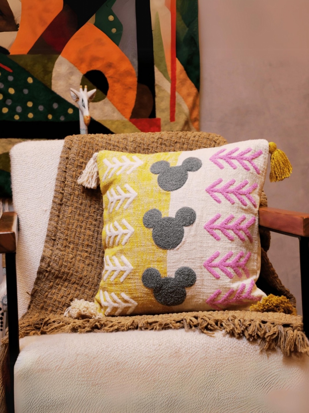 

LUSHLYF Yellow & White 1 Pc Cartoon Characters Embroidered Cotton Square Cushion Covers