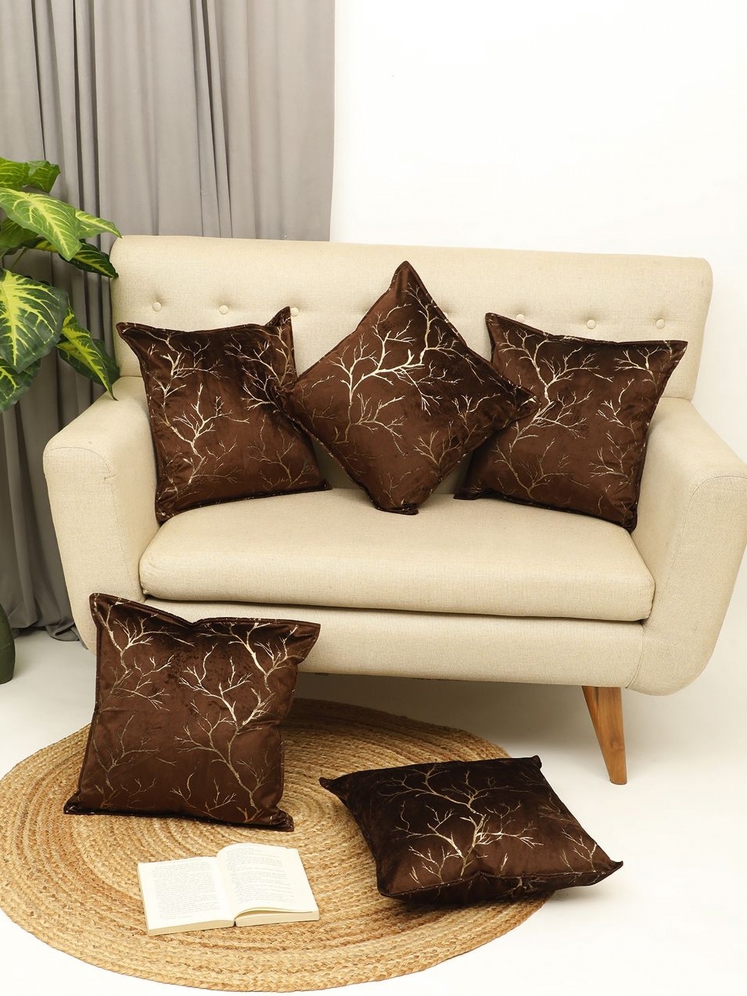 

THE CONVERSION Coffee Brown 5 Pieces Floral Foil Printed Velvet Square Cushion Covers