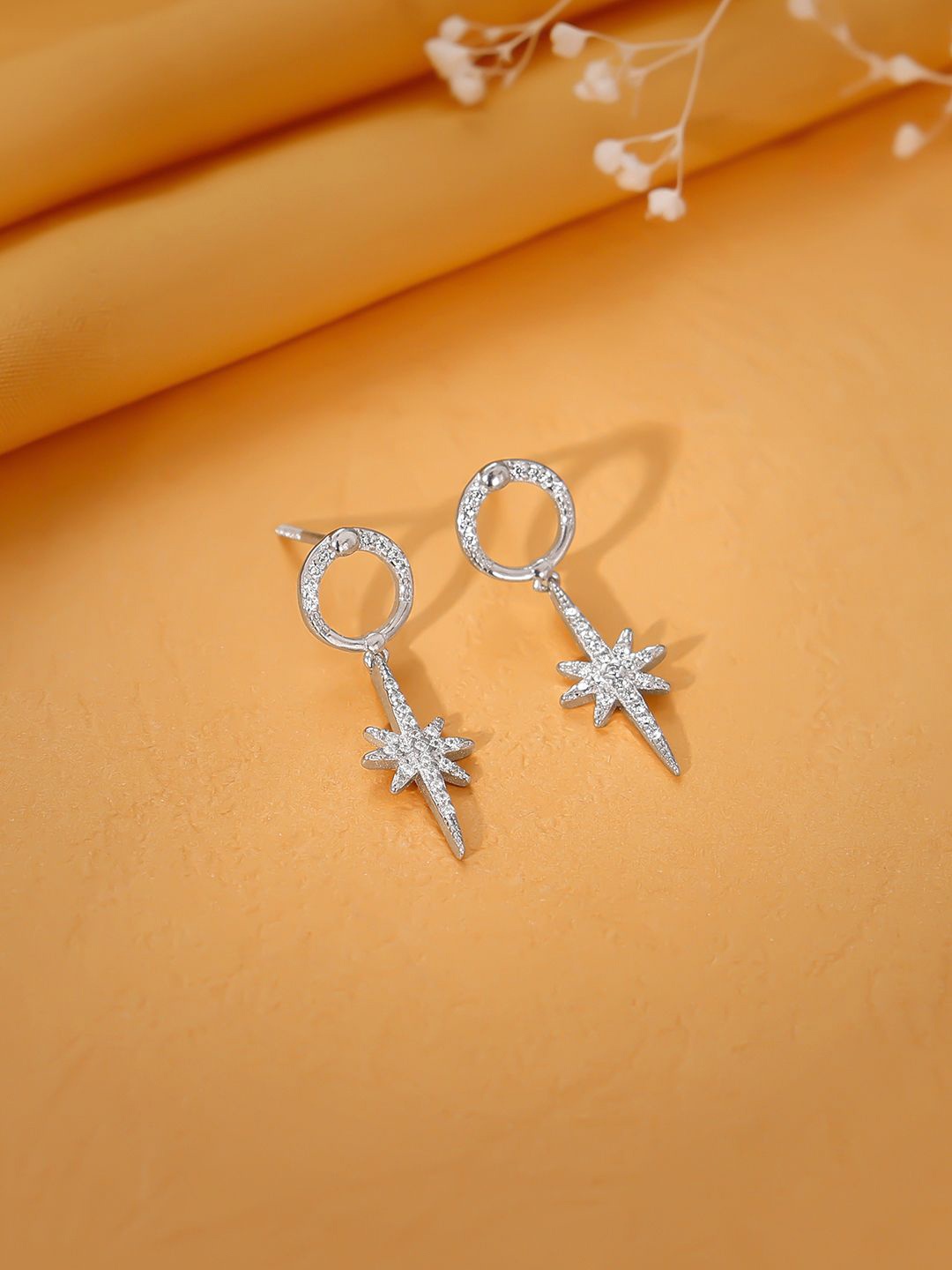 

GIVA Rhodium Plated 925 Sterling Silver Zircon Studded A Star Drop Earrings