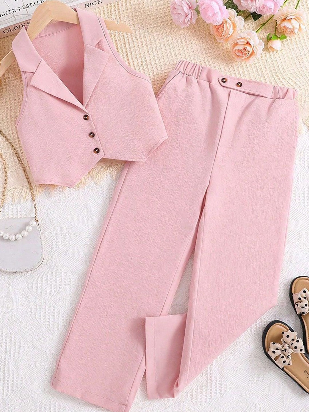 

LULU & SKY Girls Shirt Collar Waistcoat Top With Trousers, Pink