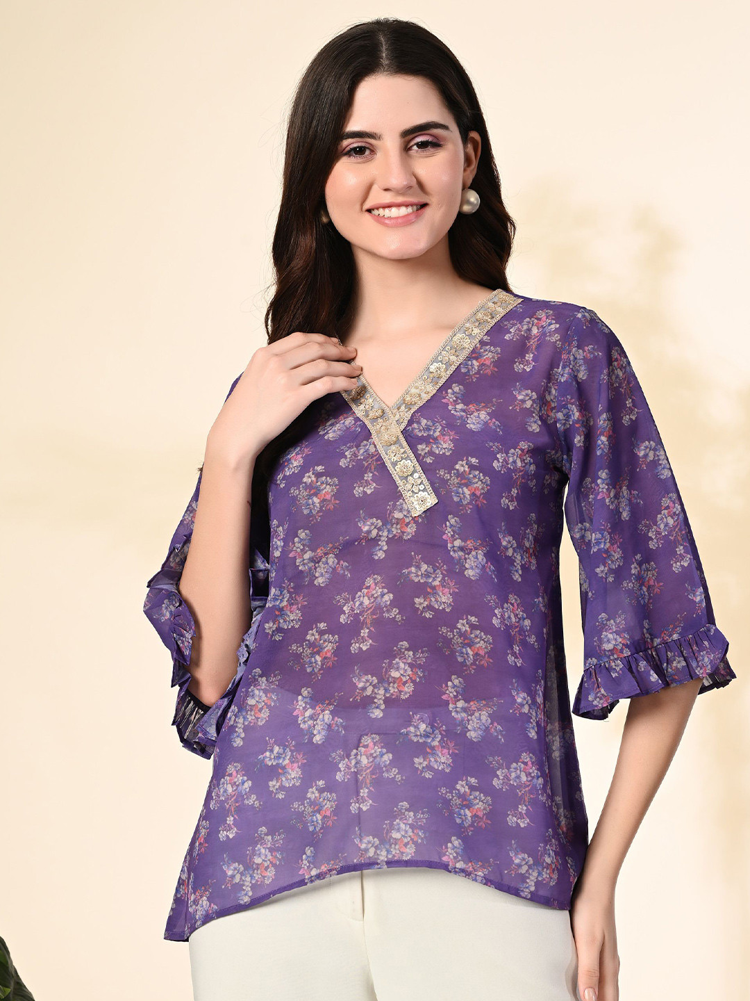 

KALINI Floral Print Bell Sleeve Georgette Top, Purple