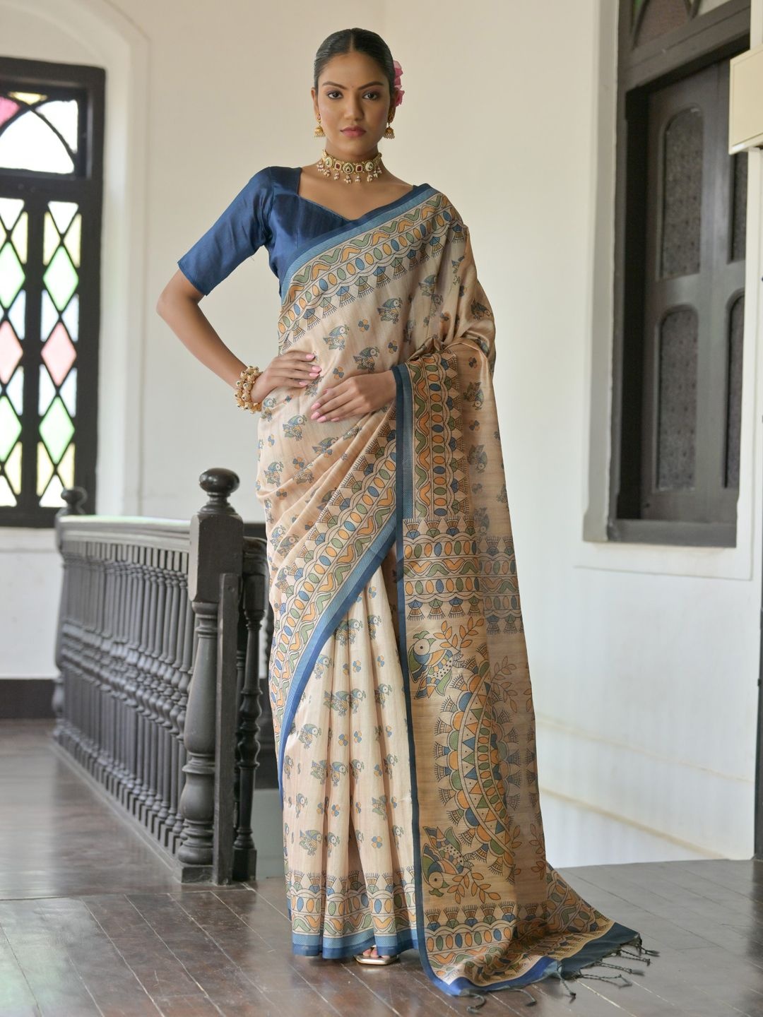 

DIVASTRI Ethnic Motifs Printed Tussar Saree, Cream
