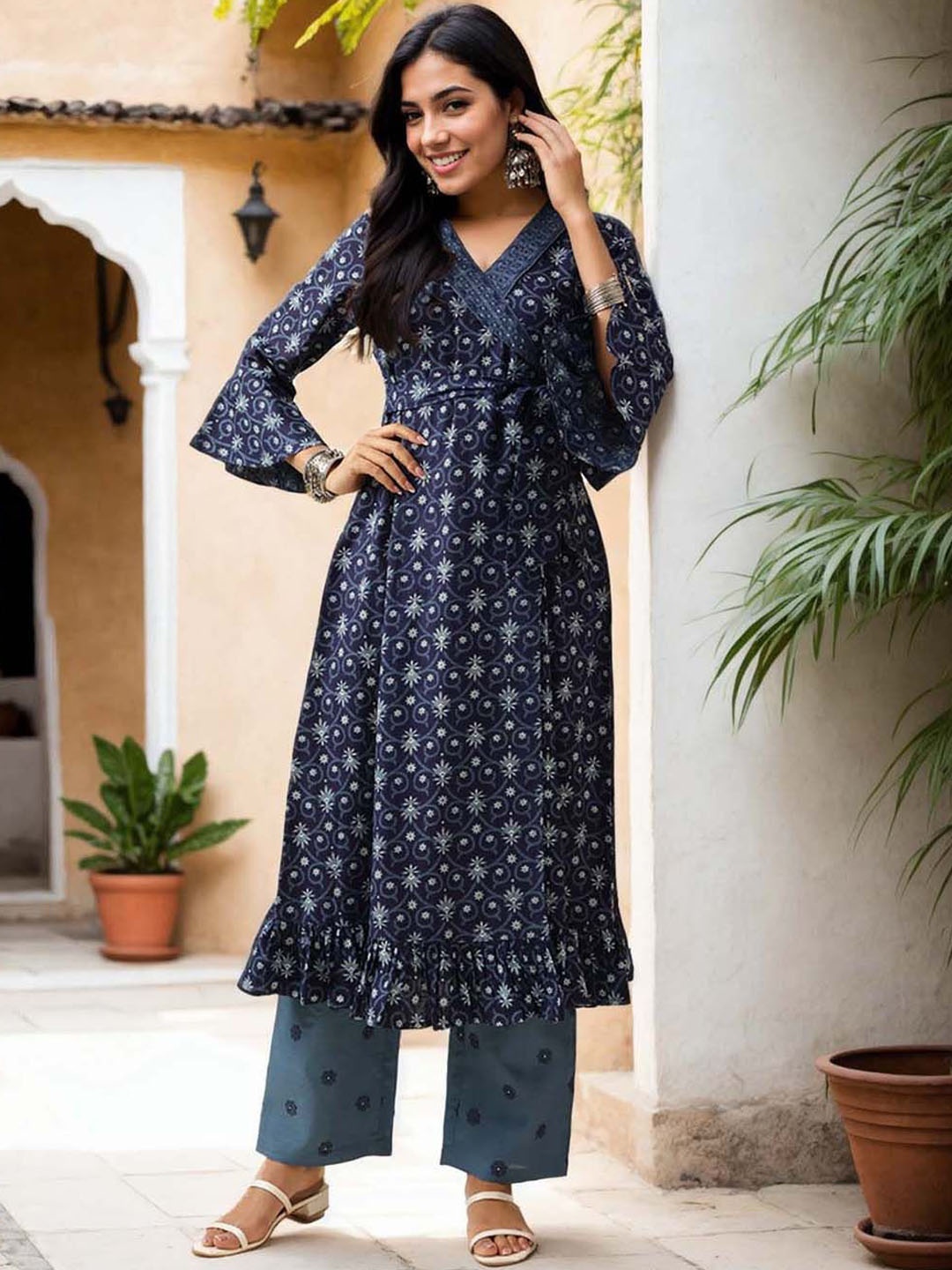 

Anouk Floral Printed V-Neck Pure Cotton Angrakha Kurta With Palazzo, Blue