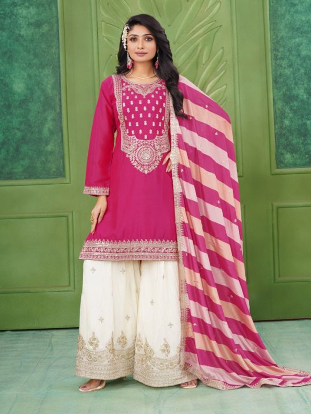 

SHREE KHODAL FASHION Women Motifs Embroidered Sequinned Kurta with Sharara & Dupatta, Pink