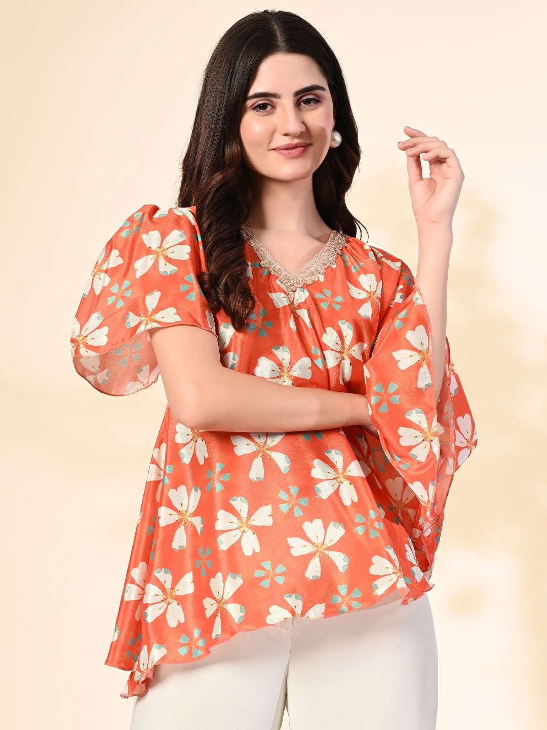 

KALINI Floral Print Flared Sleeve Kaftan Top, Orange