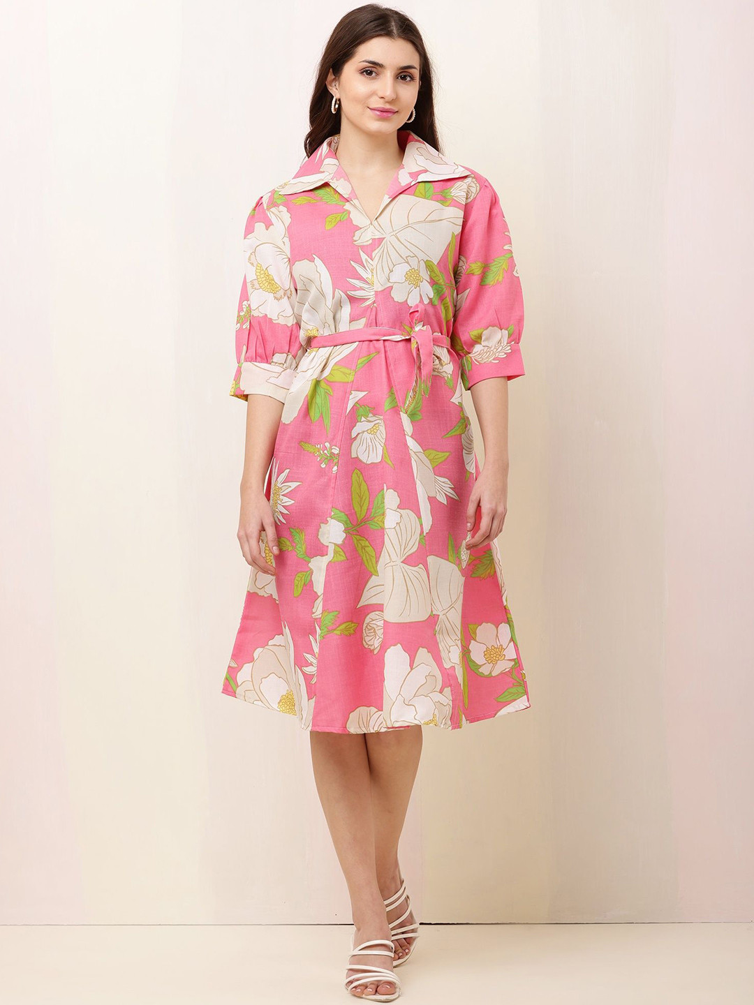 

Bright Nex Women Cotton Floral Printed Shirt Dress, Pink