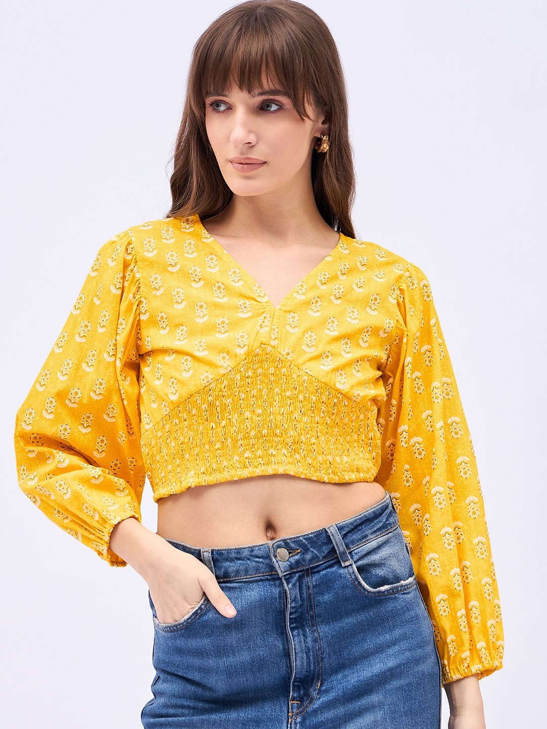 

DressBerry Printed Yellow Motif Classic V-Neck Casual Top