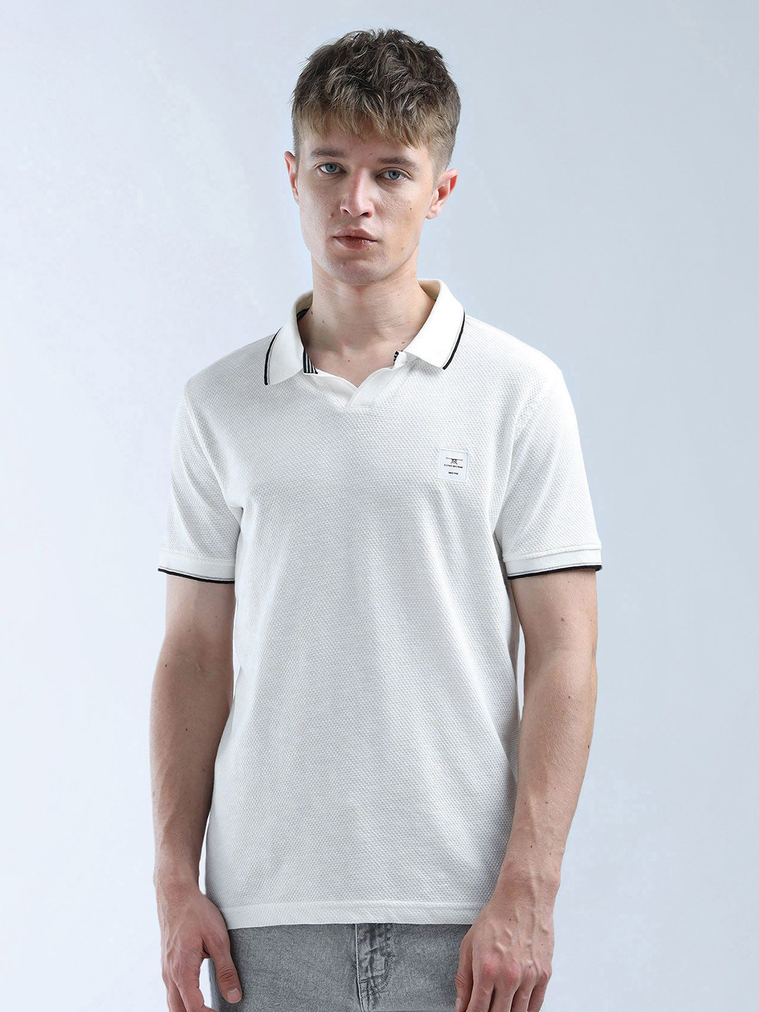 

Flying Machine Men Self Design Polo Collar Cotton T-shirt, White