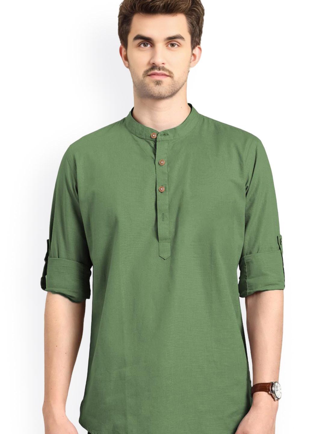 

Vida Loca Cotton Slim Fit Mandarin Collar Short Kurta, Green