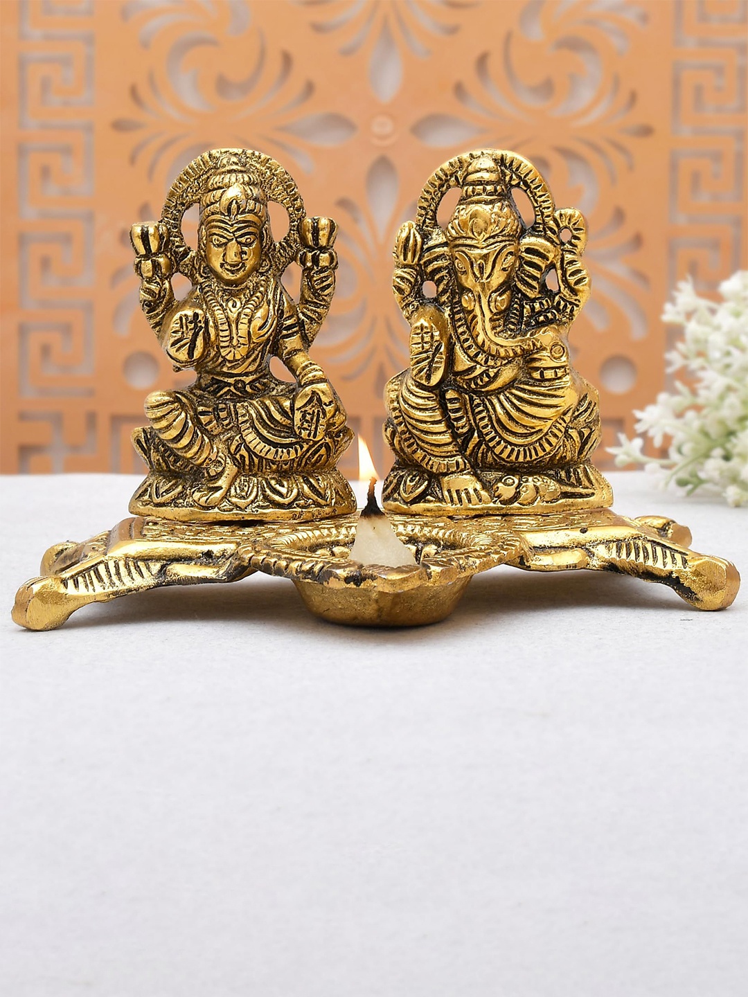 

CRAFTAM Gold-Toned and Black Laxmi Ganesh Metal Religious Idol Showpiece