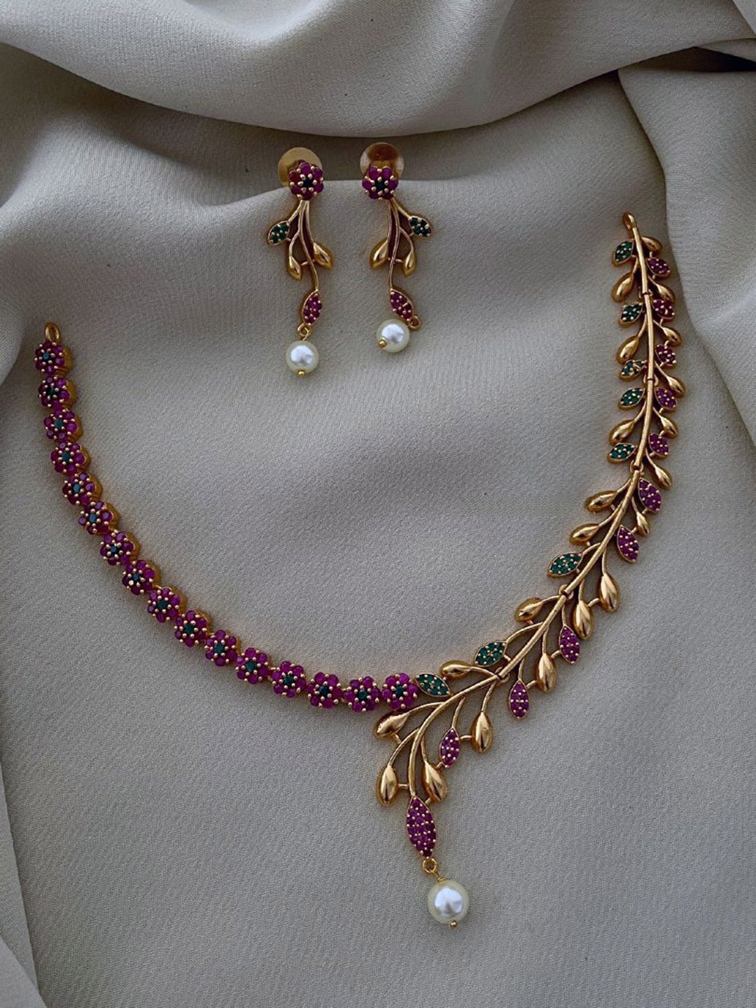 

ROFARWORD Gold Plated Cubic Zirconia Stones Studded & Beaded Necklace And Earrings