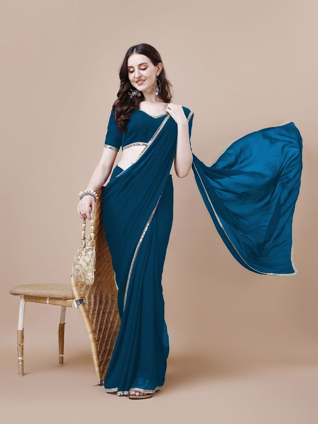 

Rensa Embellished Mirror Work Pure Georgette Saree, Teal