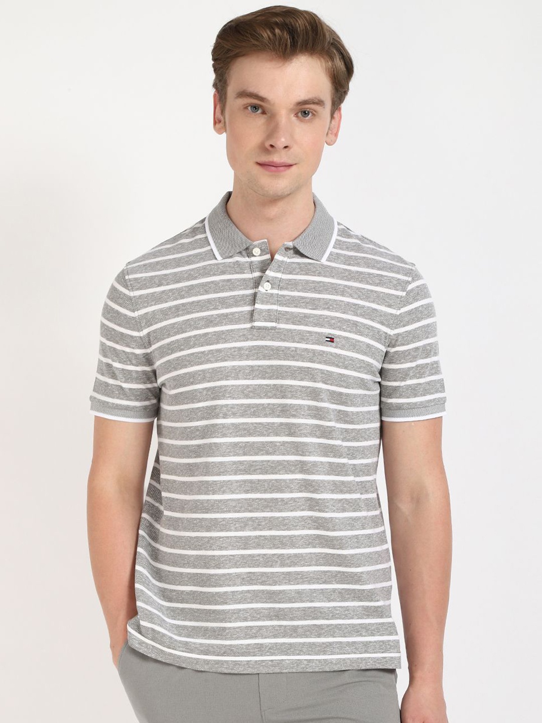 

Tommy Hilfiger Men Striped Polo Collar Cotton T-shirt, Olive