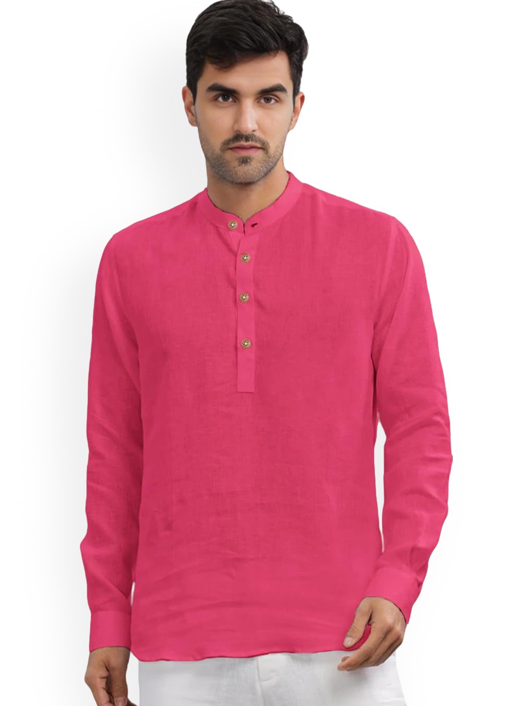 

Vida Loca Band Collar Rolled-Up Sleeves Pure Cotton Slim Fit Straight Short Kurtas, Pink