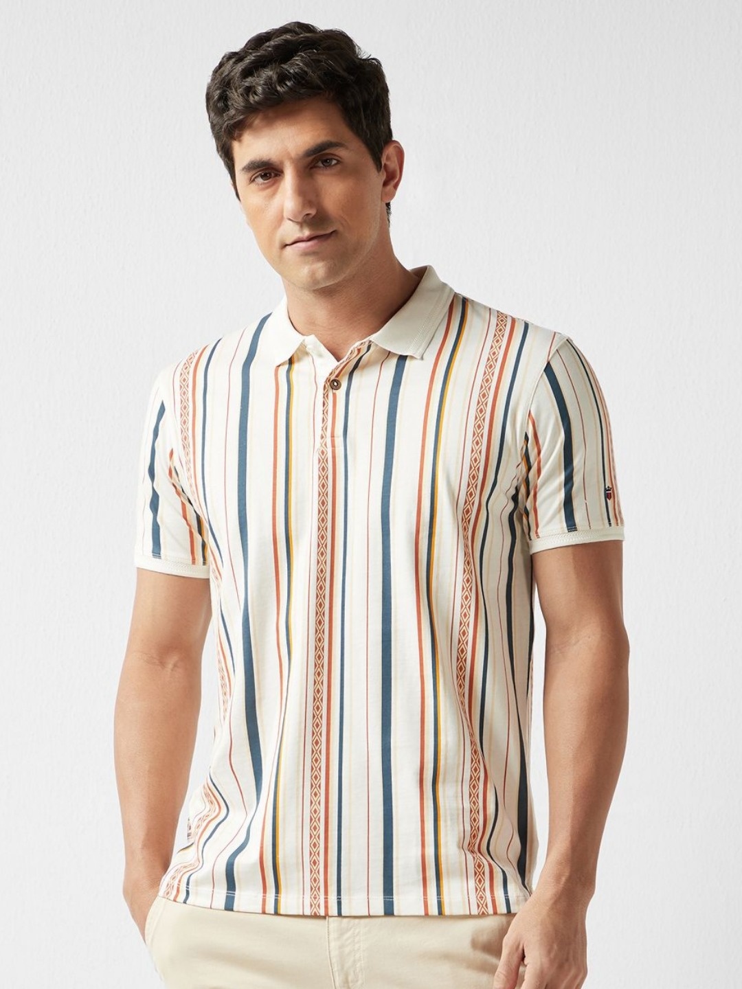 

Louis Philippe Jeans Men Striped Polo Collar Cotton T-shirt, White