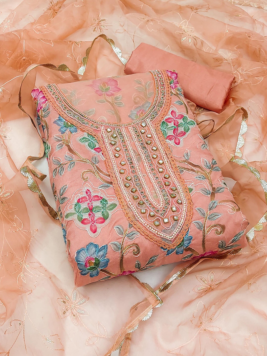 

SAINOOR Floral Printed Beads & Stones Organza Unstitched Dress Material, Peach