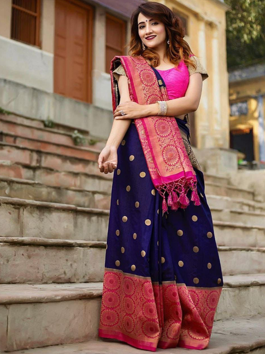 

LADY SHOPI Woven Design Zari Pure Silk Banarasi Saree, Blue