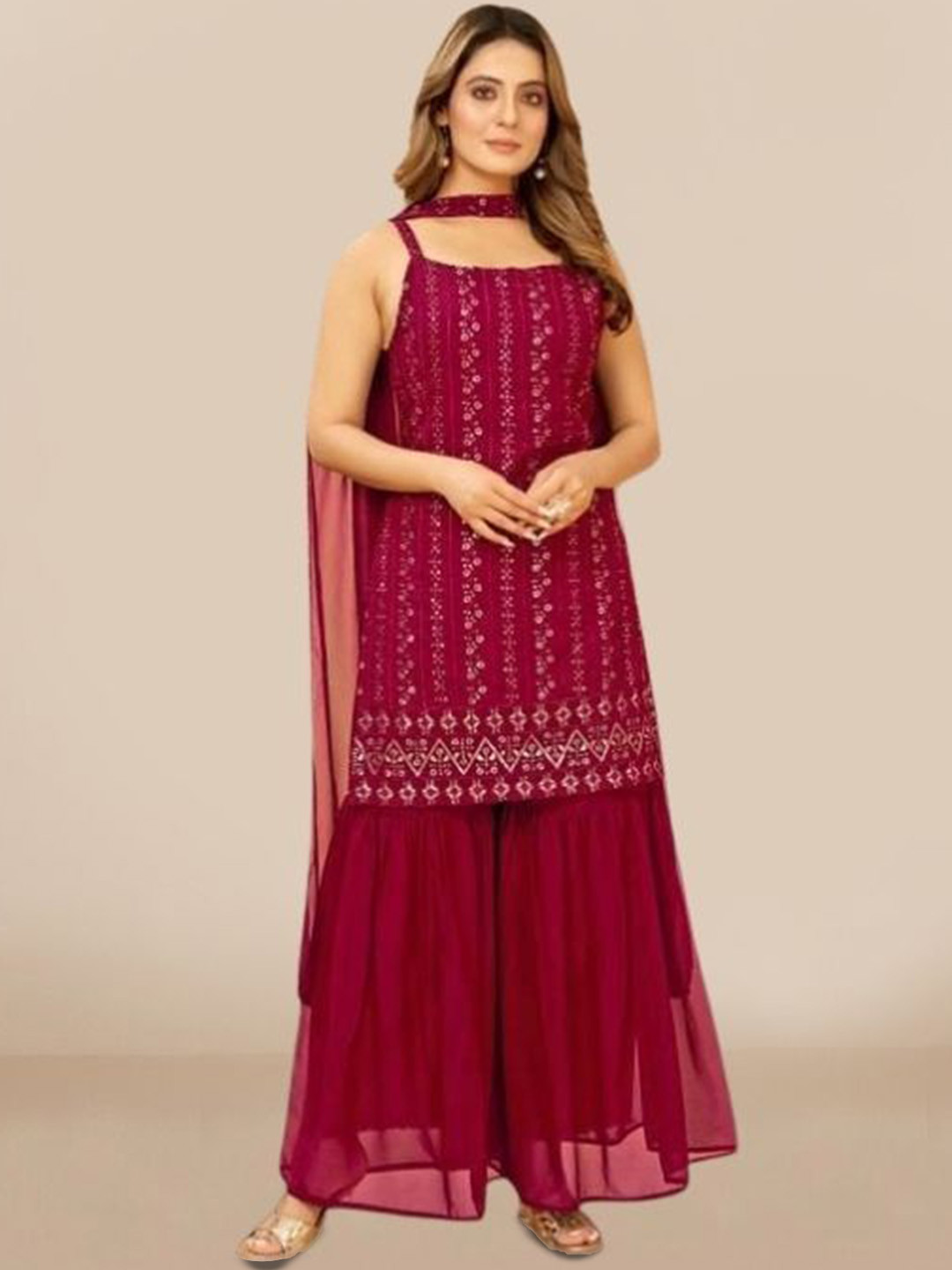 

PARROT CREATION Embroidered Straight Sequinned Kurti With Sharara And Dupatta, Pink