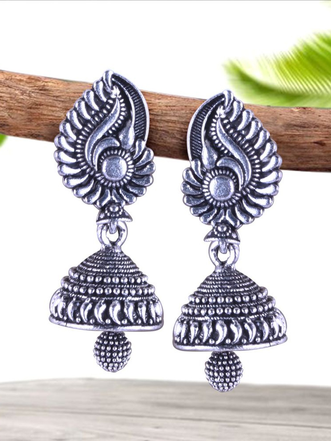 

DIVASTRI Set Of 5 Silver-Plated Artificial Stones Studded & Beaded Peacock Shaped Jhumkas
